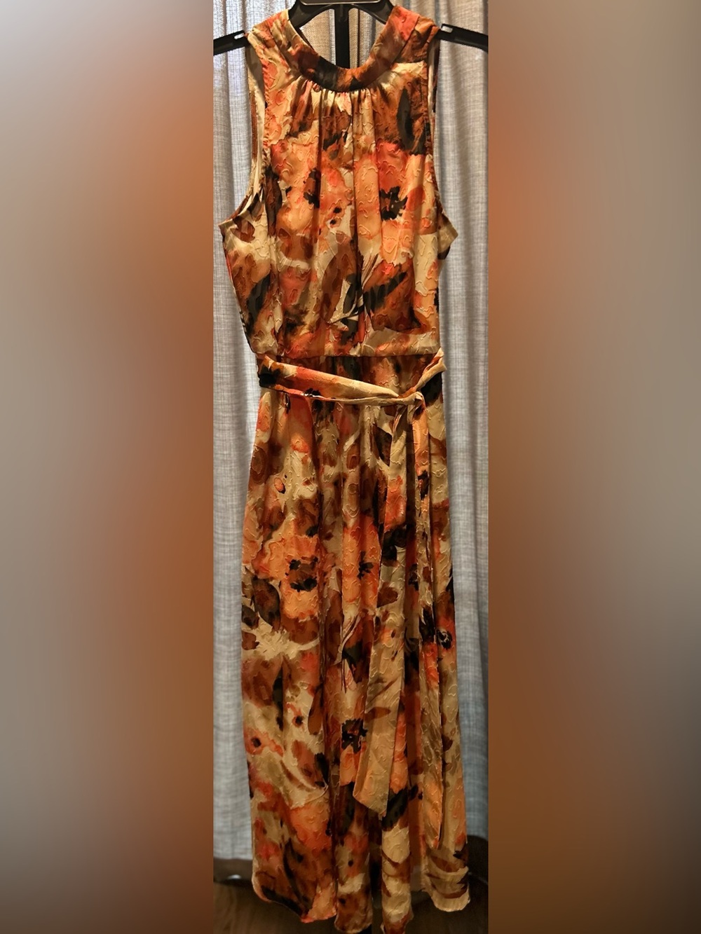 Anne Klein Floral Halter Maxi Dress in Orange and Tan